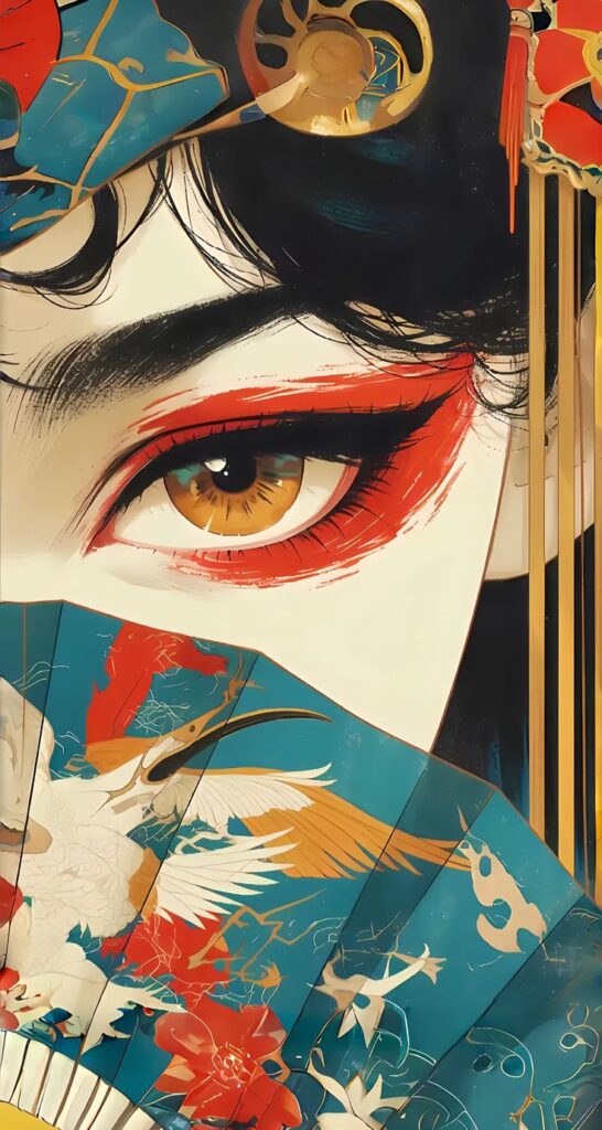 Illustrated eye with bold red eyeliner peeks over a colorful, ornate fan with cranes and flowers, blending art and mystery.