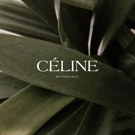 Green leaves with 'CÉLINE Botanicals' text overlay for natural skincare branding.