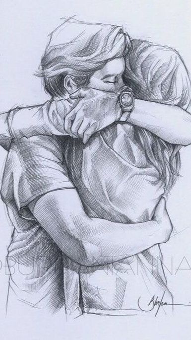 Pencil sketch of two people embracing closely, conveying warmth and affection.
