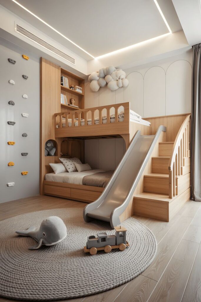 9bfee23654c697c2c2d81f40cc089fd7 Modern kids' room with bunk bed, slide, climbing wall, and plush decor. Cozy and playful design for children. | Sky Rye Design Modern kids' room with bunk bed, slide, climbing wall, and plush decor. Cozy and playful design for children.