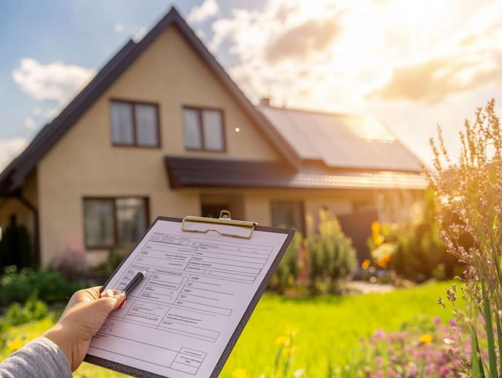 Home inspection checklist in hand, with a modern house and sunny garden background.
