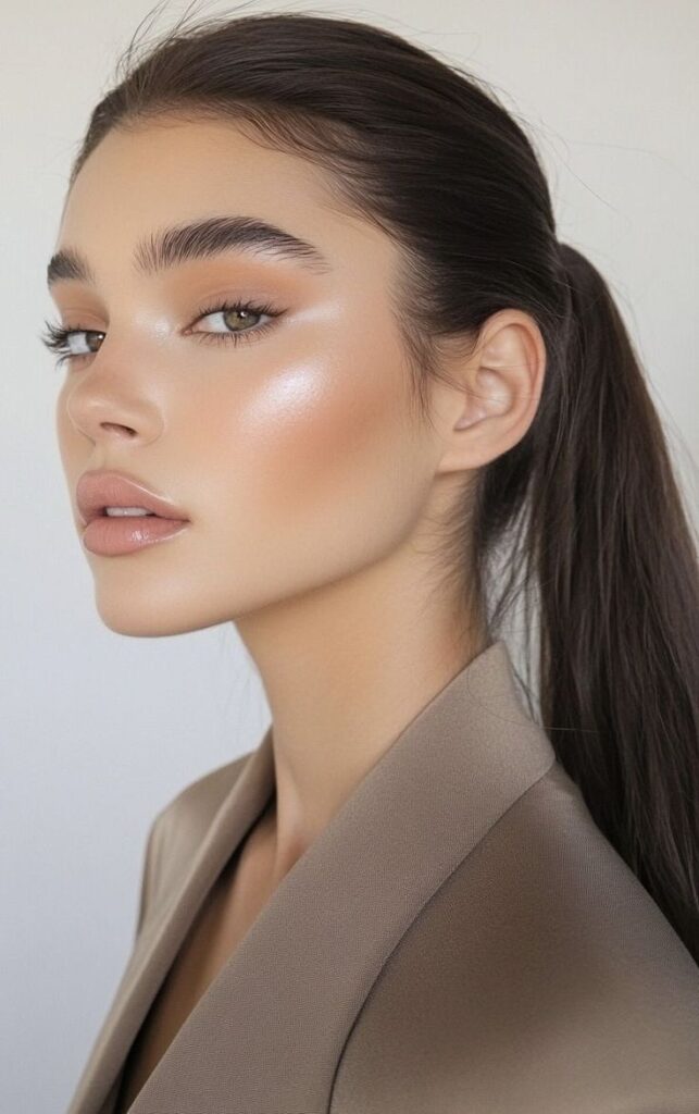 Portrait of a woman with sleek hair, natural makeup, and highlighted cheekbones, wearing a beige blazer.