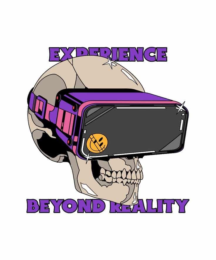 Skull wearing a VR headset with text Experience Beyond Reality in bold purple letters.