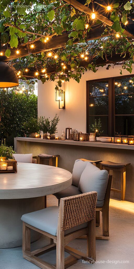 Cozy outdoor patio with string lights, round table, and chairs under a vine-covered pergola for a warm evening ambiance.