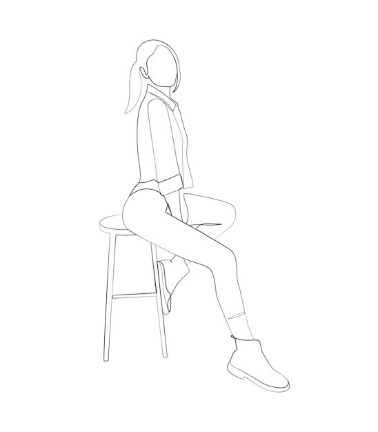 Outline drawing of a person sitting on a stool, wearing boots and casual clothing, with a ponytail.
