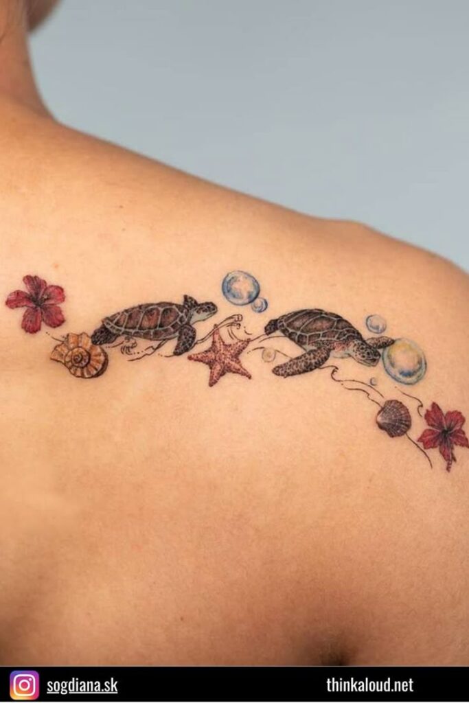 Sea-themed tattoo with turtles, starfish, flower, shells, and bubbles on shoulder, showcasing marine life artistry.