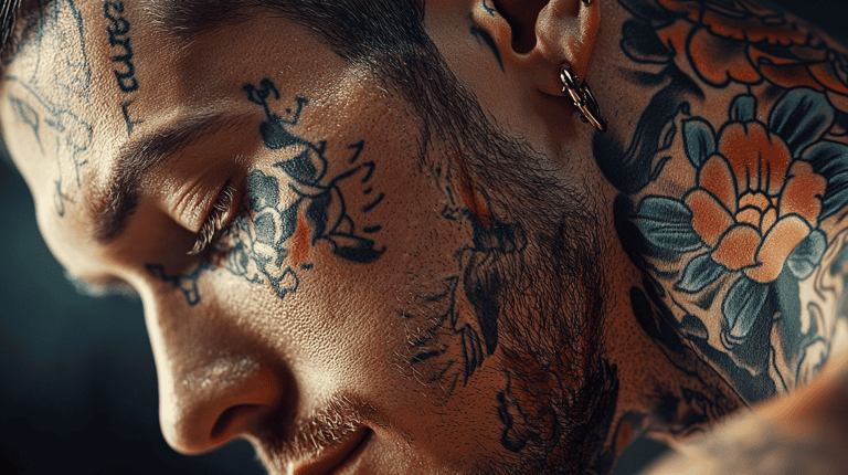 Close-up of a man with intricate floral and abstract face tattoos, highlighting detailed artistry and vibrant colors.