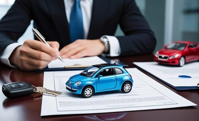 Person signing car insurance documents with model cars and keys on the table.