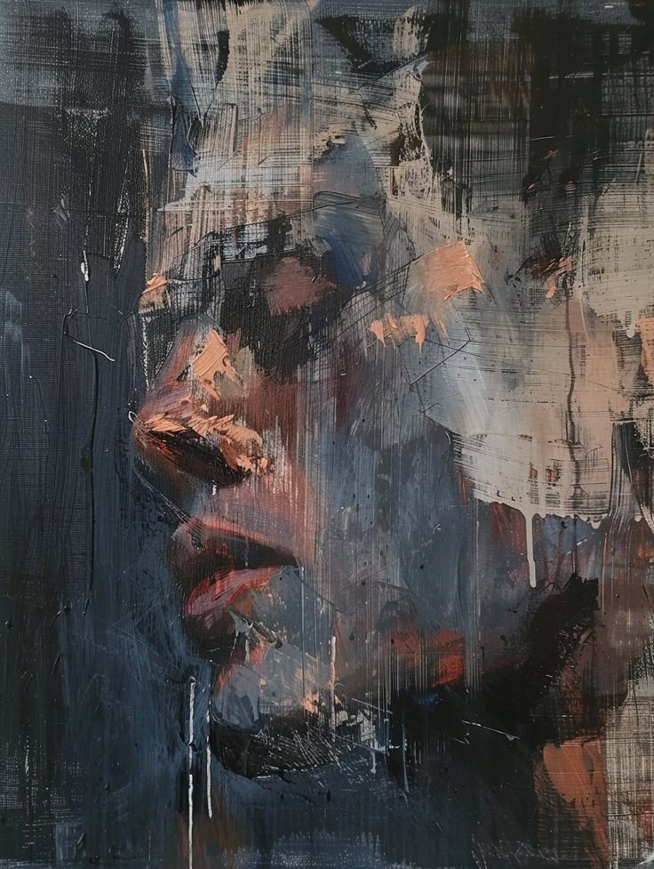 Abstract impressionist painting with blurred face, textured brushstrokes, and dark, earthy tones.