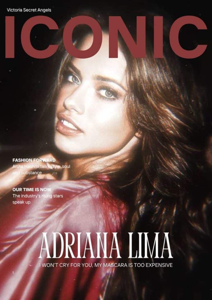 Fashion magazine cover featuring model in red dress with ICONIC headline.