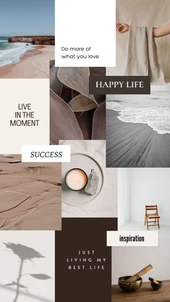 Collage with motivational phrases, beach, and nature elements inspiring a happy and successful life.