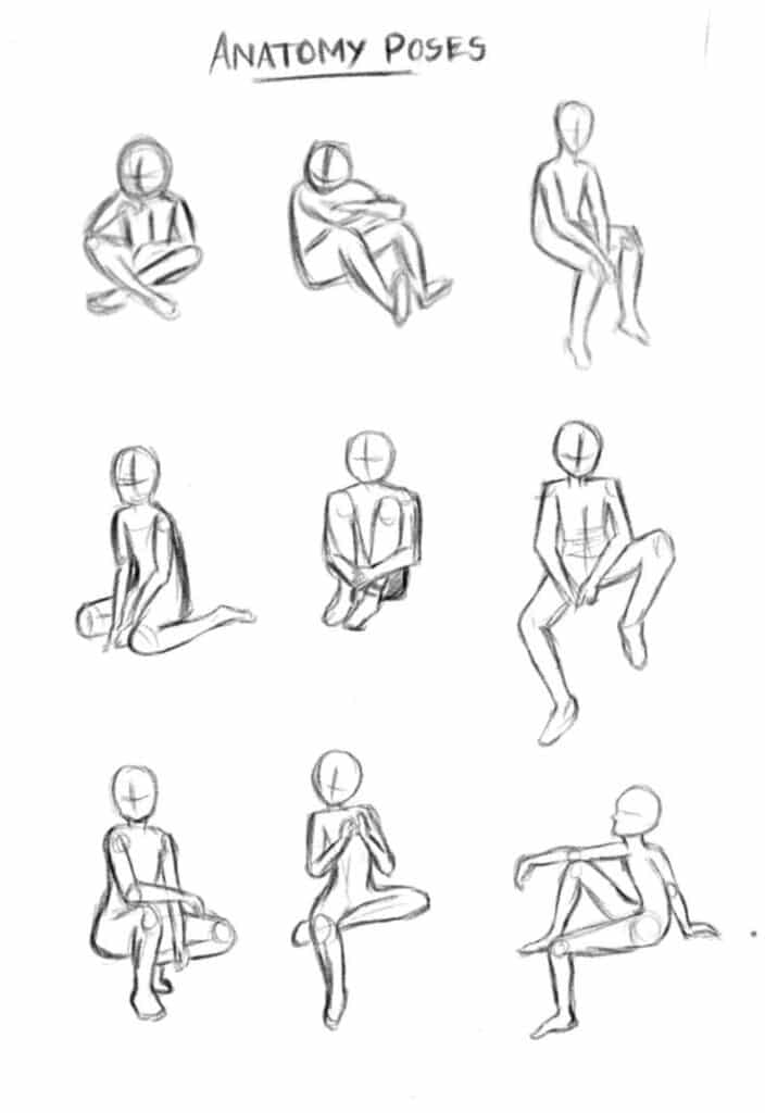 Anatomy poses Sketch of human anatomy poses for drawing practice, featuring various seated and crouching positions. | Sky Rye Design Sketch of human anatomy poses for drawing practice, featuring various seated and crouching positions.