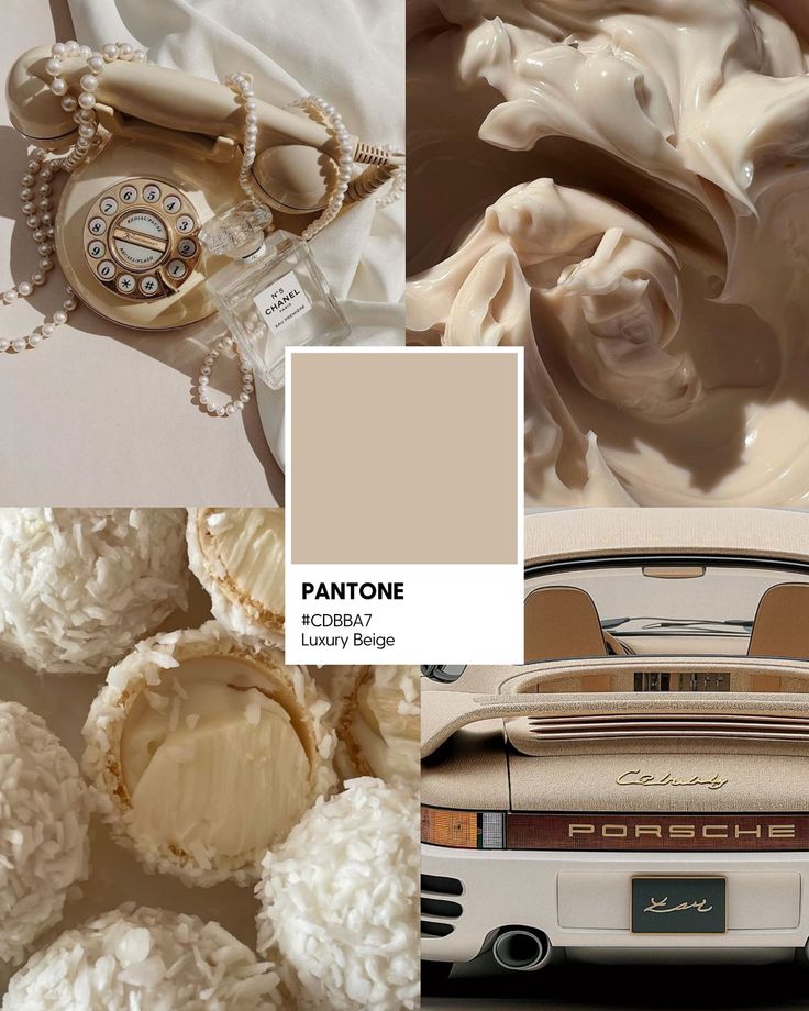 Collage showcasing luxury beige tones with retro phone, whipped cream, sweets, and Porsche, emphasizing elegance.