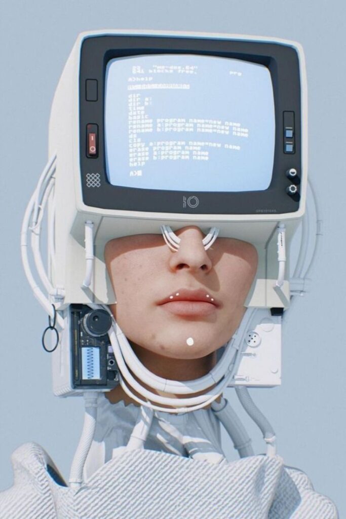 Futuristic digital art of a human face with a vintage monitor helmet, showcasing tech-human integration.