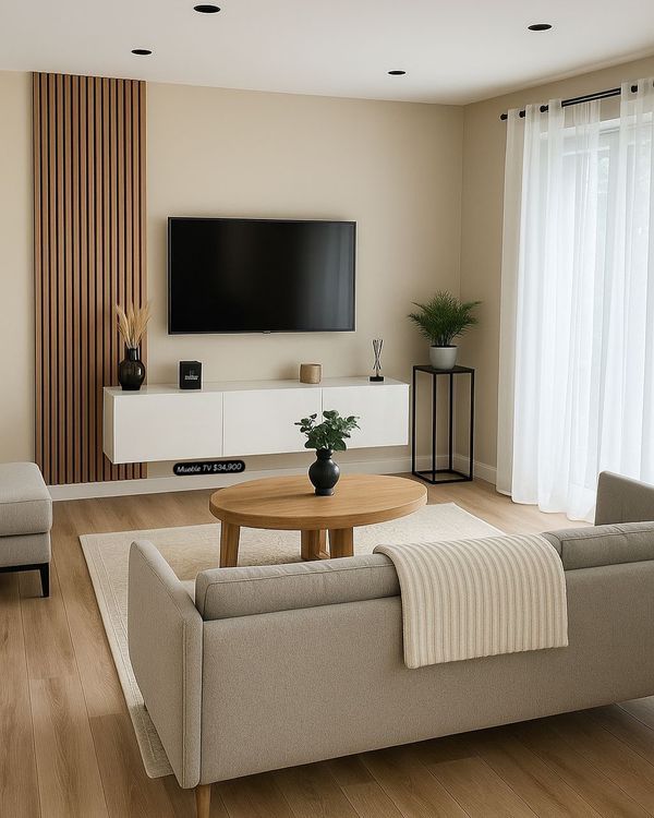 Modern minimalist living room with beige sofa, wooden accents, wall-mounted TV, and natural light through sheer curtains.