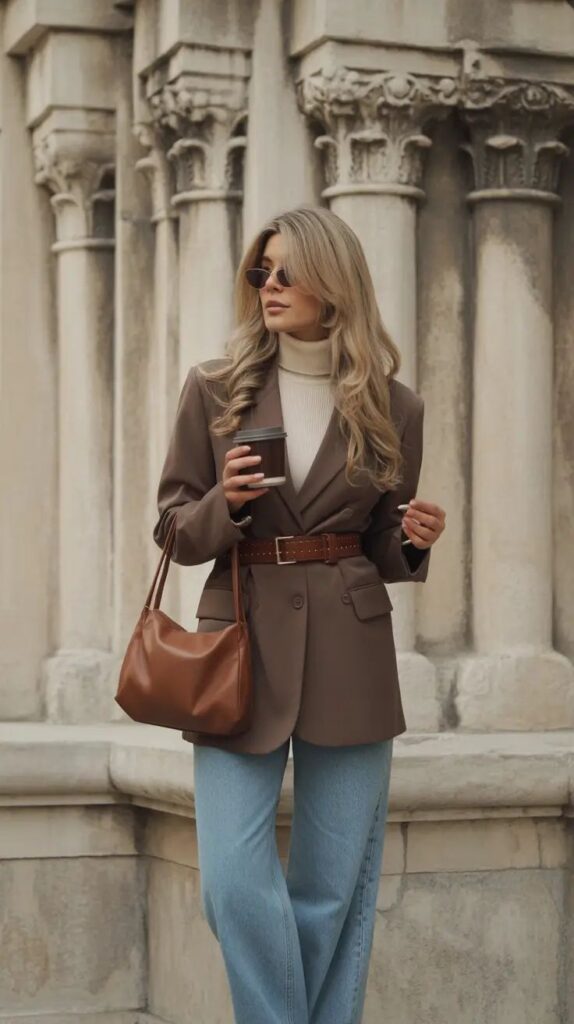 Stylish woman in sunglasses holding coffee, wearing a brown blazer and jeans, standing by vintage columns.