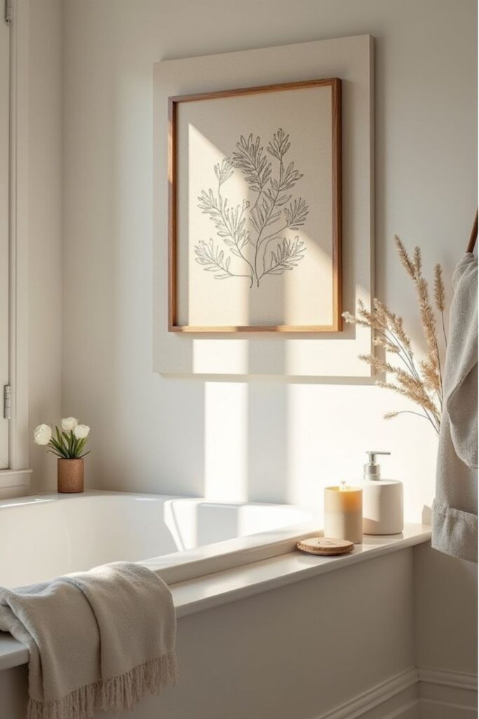 Minimalist bathroom with framed botanical art, cozy towel, candle, and decor on tub edge, bathed in natural light.