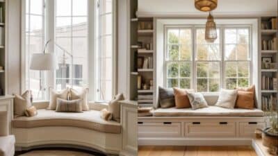 Cozy bay windows with cushioned seating and pillows, perfect for a reading nook in a modern, light-filled room.