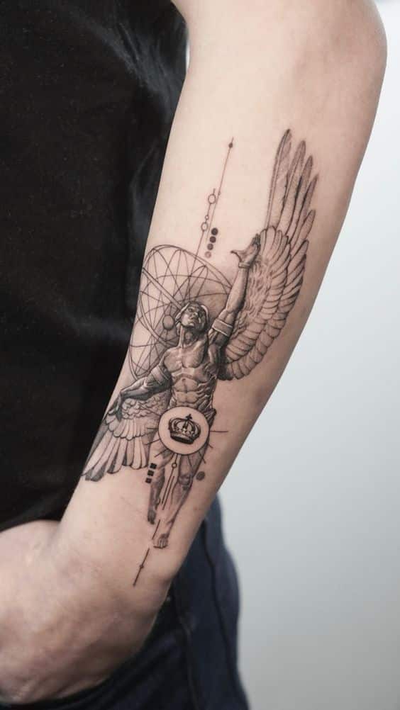 Best Angel Tattoos Abstract angel tattoo design on forearm, featuring geometric patterns and a crown, in black and grey ink. | Sky Rye Design Abstract angel tattoo design on forearm, featuring geometric patterns and a crown, in black and grey ink. tattoo