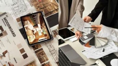 Interior design planning with moodboard, floor plans, color swatches, and collaborative team discussion.