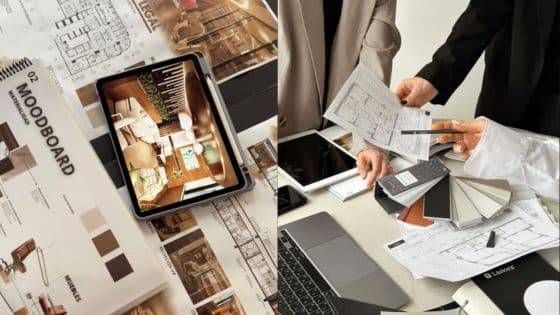 Best Interior Design Companies Interior design planning with moodboard, floor plans, color swatches, and collaborative team discussion. | Sky Rye Design Interior design planning with moodboard, floor plans, color swatches, and collaborative team discussion.