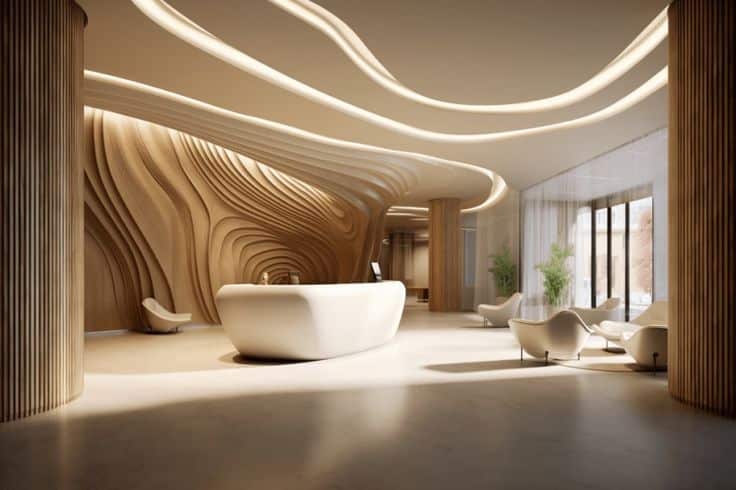 Modern lobby with flowing wooden walls, sleek white furniture, and natural light from large windows.
