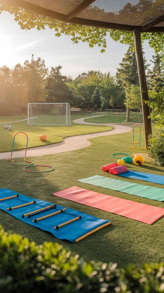 Outdoor kids' playground with colorful gym mats, balls, and soccer goal in a sunny park setting.