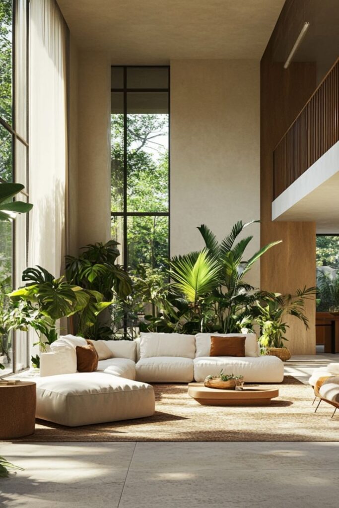 Modern living room with large windows, white sectional sofa, lush plants, and natural light. Cozy and inviting interior design.