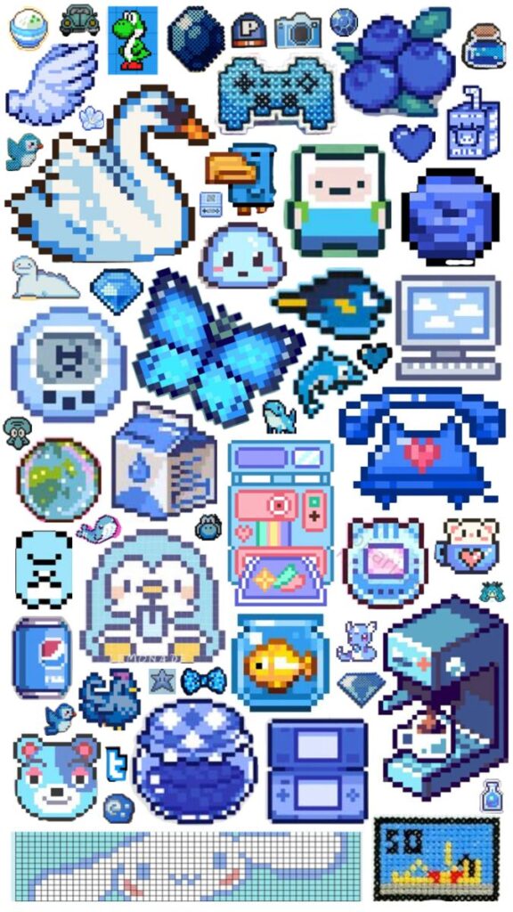 Blue Pixels Collection of blue pixel art icons: butterfly, swan, laptop, penguin, and more. Retro pixel designs and nostalgic vibes. | Sky Rye Design Collection of blue pixel art icons: butterfly, swan, laptop, penguin, and more. Retro pixel designs and nostalgic vibes.