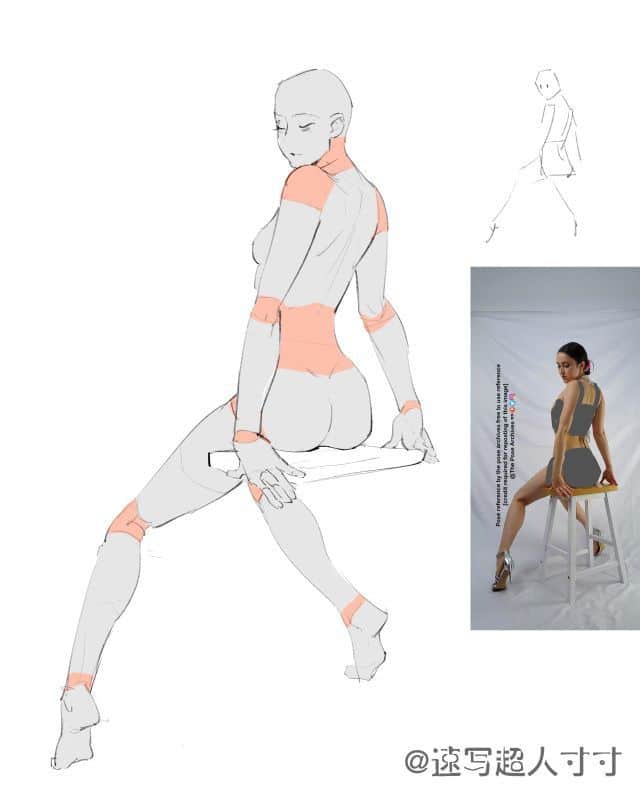 Drawing reference image showing a seated feminine pose with highlighted muscle zones for figure sketching.