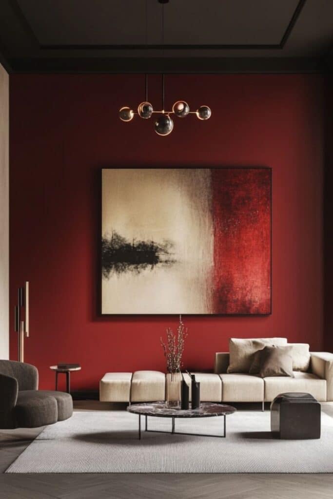 Modern living room with abstract art, red accent wall, beige sofa, and contemporary lighting fixture.