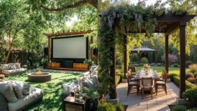 Outdoor garden with cozy seating and big screen on the left; elegant dining area under pergola on the right.