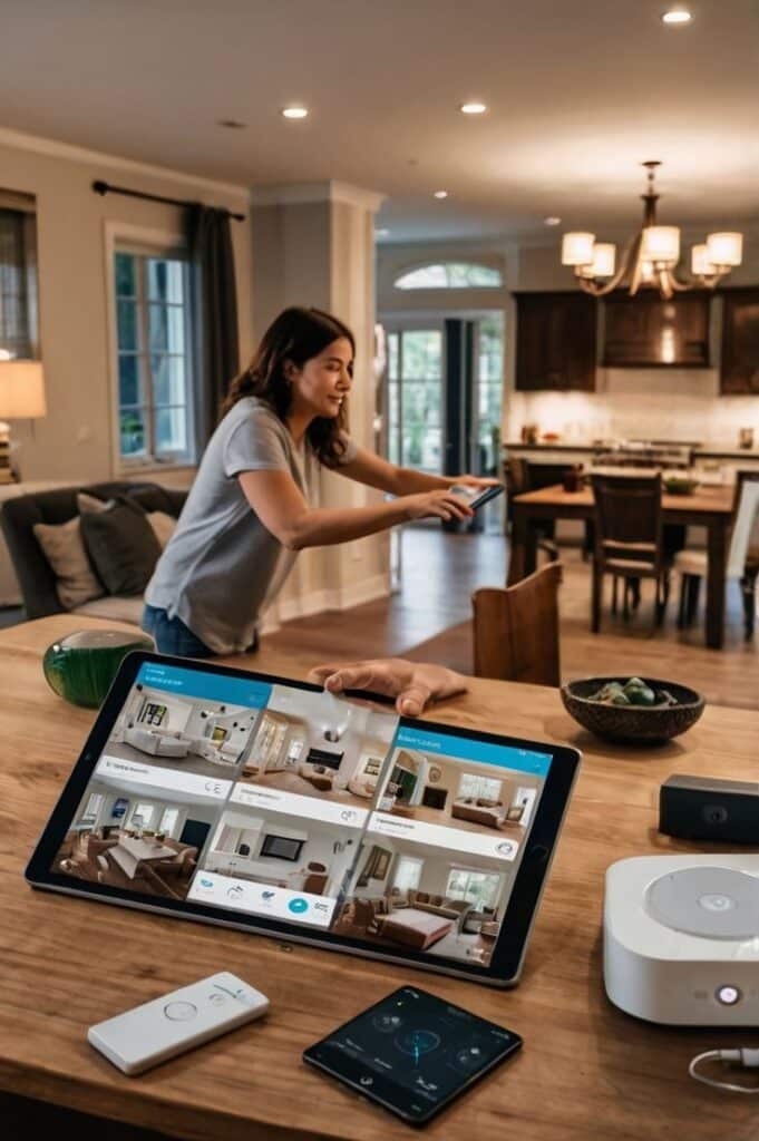 Woman managing smart home devices with a tablet in a modern kitchen setting.