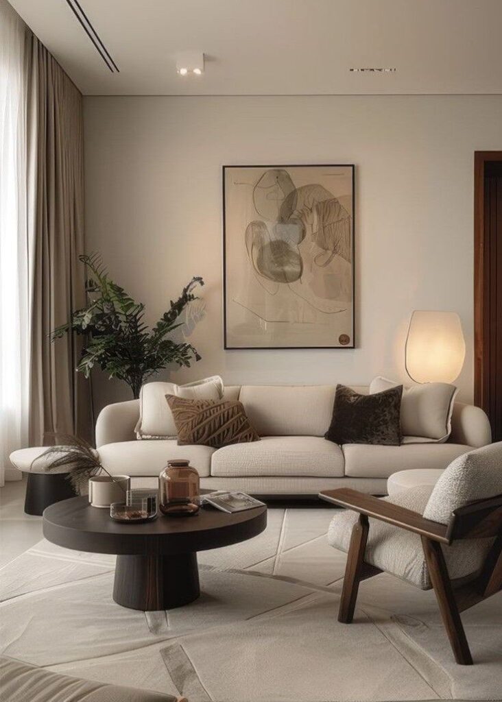 Modern living room with beige sofa, abstract art, dark wood coffee table, and soft lighting for a cozy ambiance.