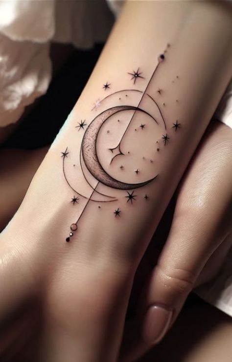 Arm tattoo of crescent moon with stars and geometric lines, blending celestial art with modern design.
