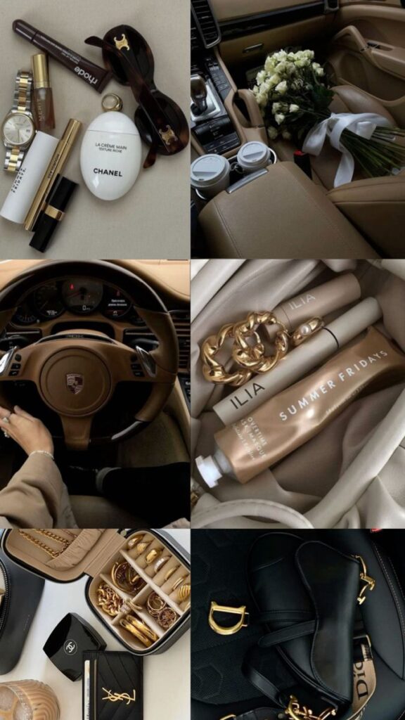 Luxury accessories and cosmetics in a car interior, featuring sunglasses, watches, handbags, and beauty products.