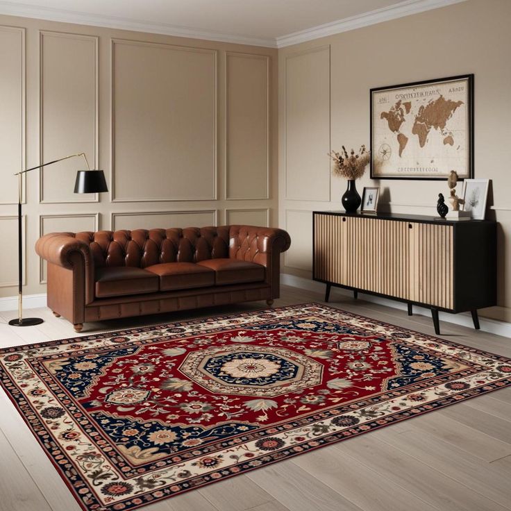 Classic Persian Rug - Traditional Medallion Floral Carpet - Vintage-Inspired Oriental Area Rug - Soft Washable Non-Slip Living Room Decor Elegant living room with a brown leather sofa, vintage map, and ornate red Persian rug on light wood flooring. | Sky Rye Design Elegant living room with a brown leather sofa, vintage map, and ornate red Persian rug on light wood flooring.