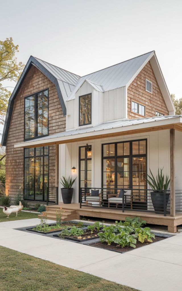 Modern farmhouse with large windows, porch, and garden beds in front yard. Cozy, rustic home exterior design.
