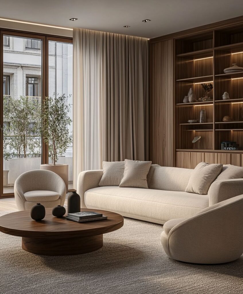 Modern living room with cream sofa, round wooden coffee table, and built-in shelves, framed by large windows and curtains.
