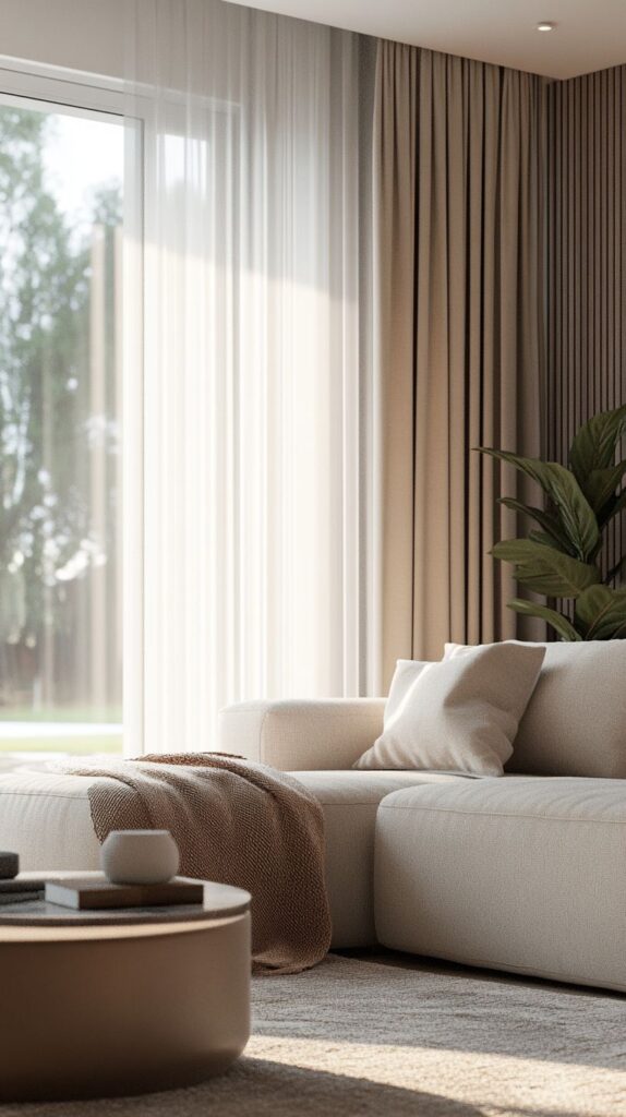 Modern living room with beige sofa, cozy throw, round coffee table, and large window with sheer curtains.
