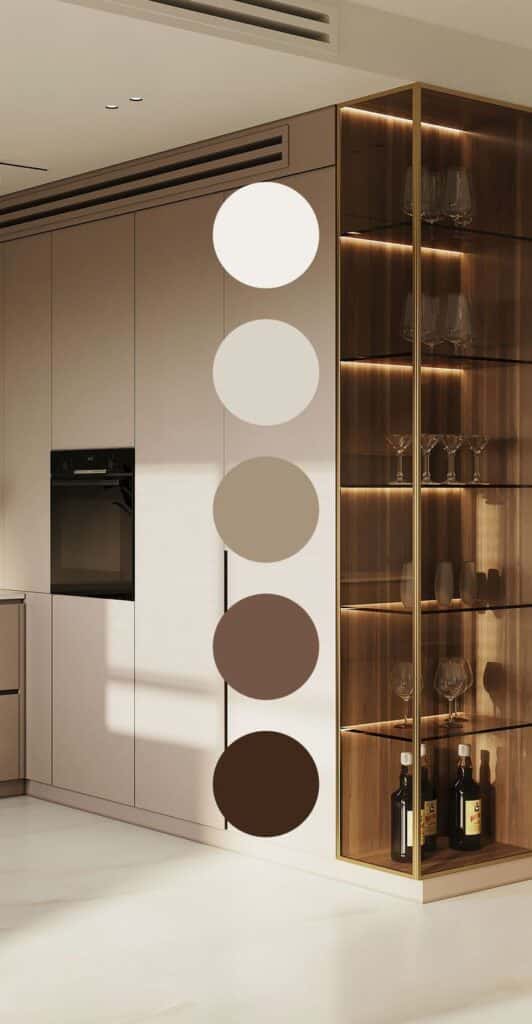Modern kitchen with a neutral color palette and wooden displays for glassware and wine. Elegant, warm interior design.