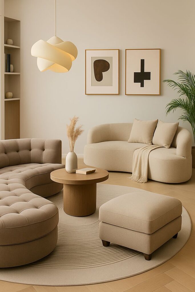 Minimalist living room with beige furniture, round wooden table, modern art, and soft lighting. Plush ottoman and plant.