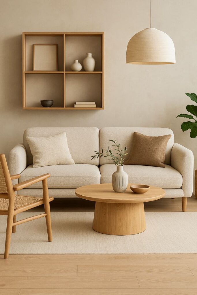 Minimalist living room with beige sofa, wooden coffee table, and decor in neutral tones. Modern and cozy interior design.