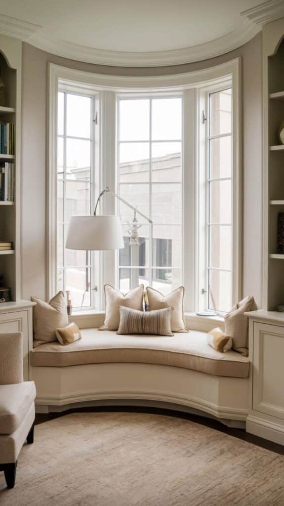 Cozy bay window nook with cushions, bookshelves, lamp, and a soft rug, creating a tranquil reading space.