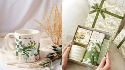 Aesthetic gift set with plant-themed mug and green items in a decorative box. Perfect for nature lovers.