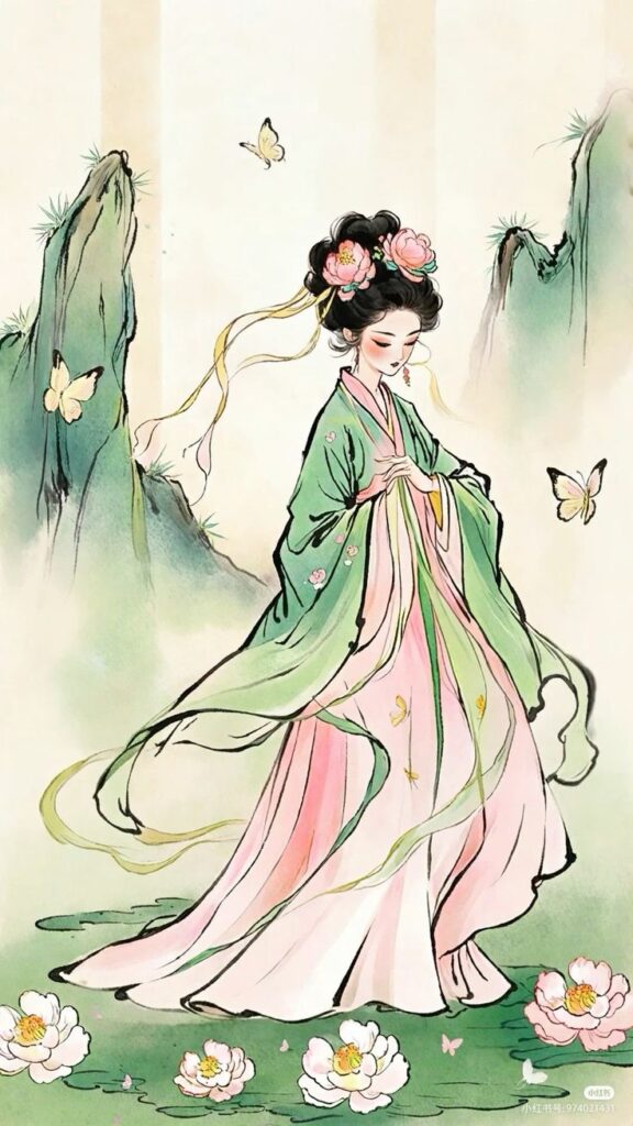 Elegant woman in traditional dress surrounded by butterflies and blossoms in a serene landscape painting.