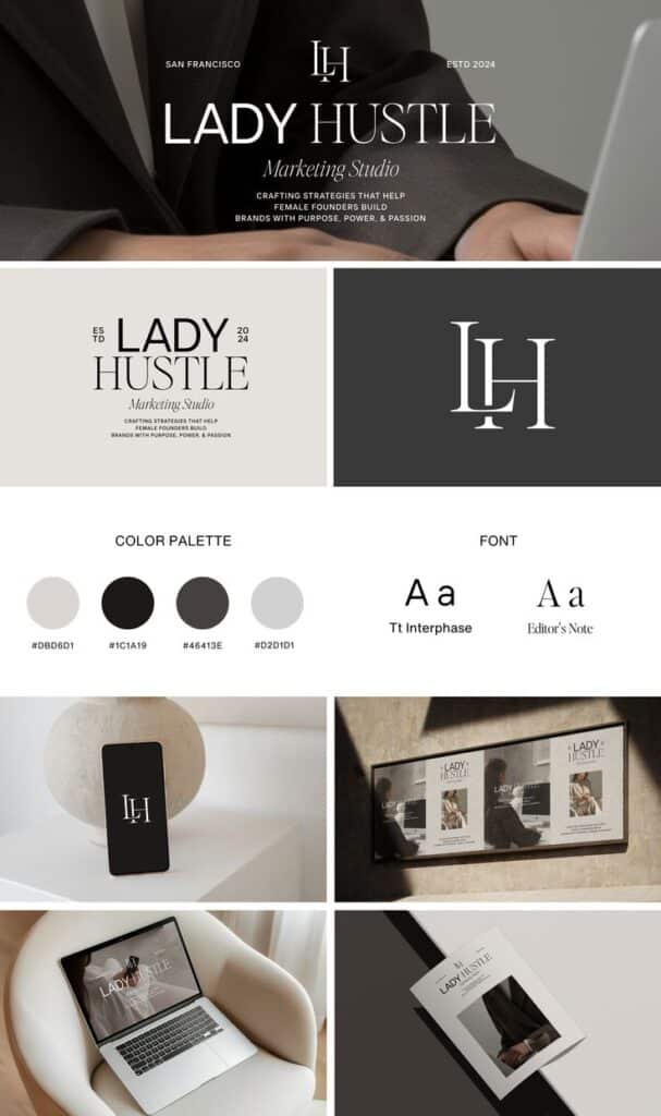Elegant Lady Hustle marketing studio branding with logo, color palette, fonts, and promotional materials showcased.