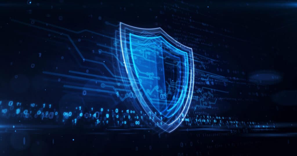 Digital shield protecting data, symbolizing cybersecurity with binary code and circuit patterns in blue.