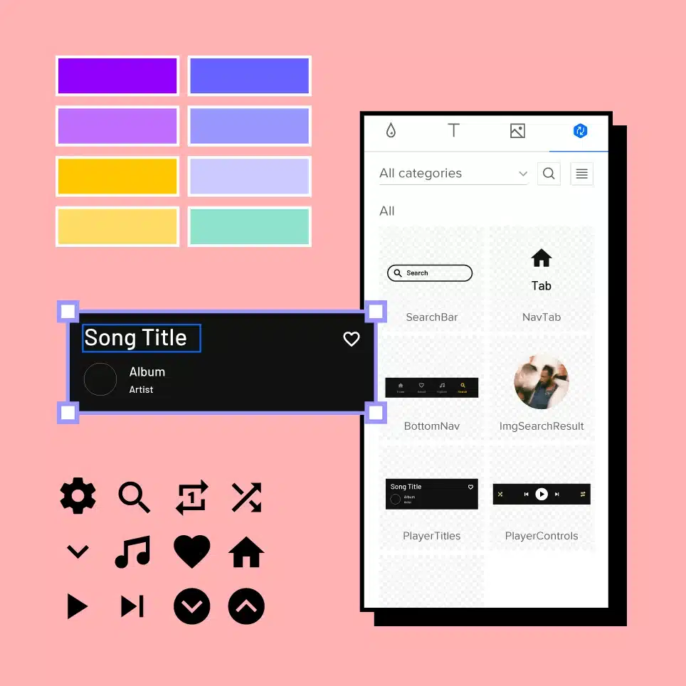 User interface design elements for a music app with color palettes, icons, and layout options on a pink background.