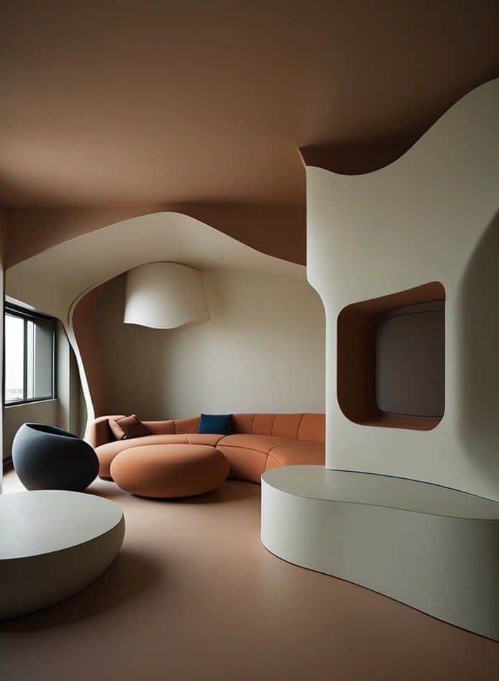 Design interior clay color and white futuristic room Modern living room with curved walls, brown and beige furniture, featuring unique architectural design elements. | Sky Rye Design Modern living room with curved walls, brown and beige furniture, featuring unique architectural design elements.